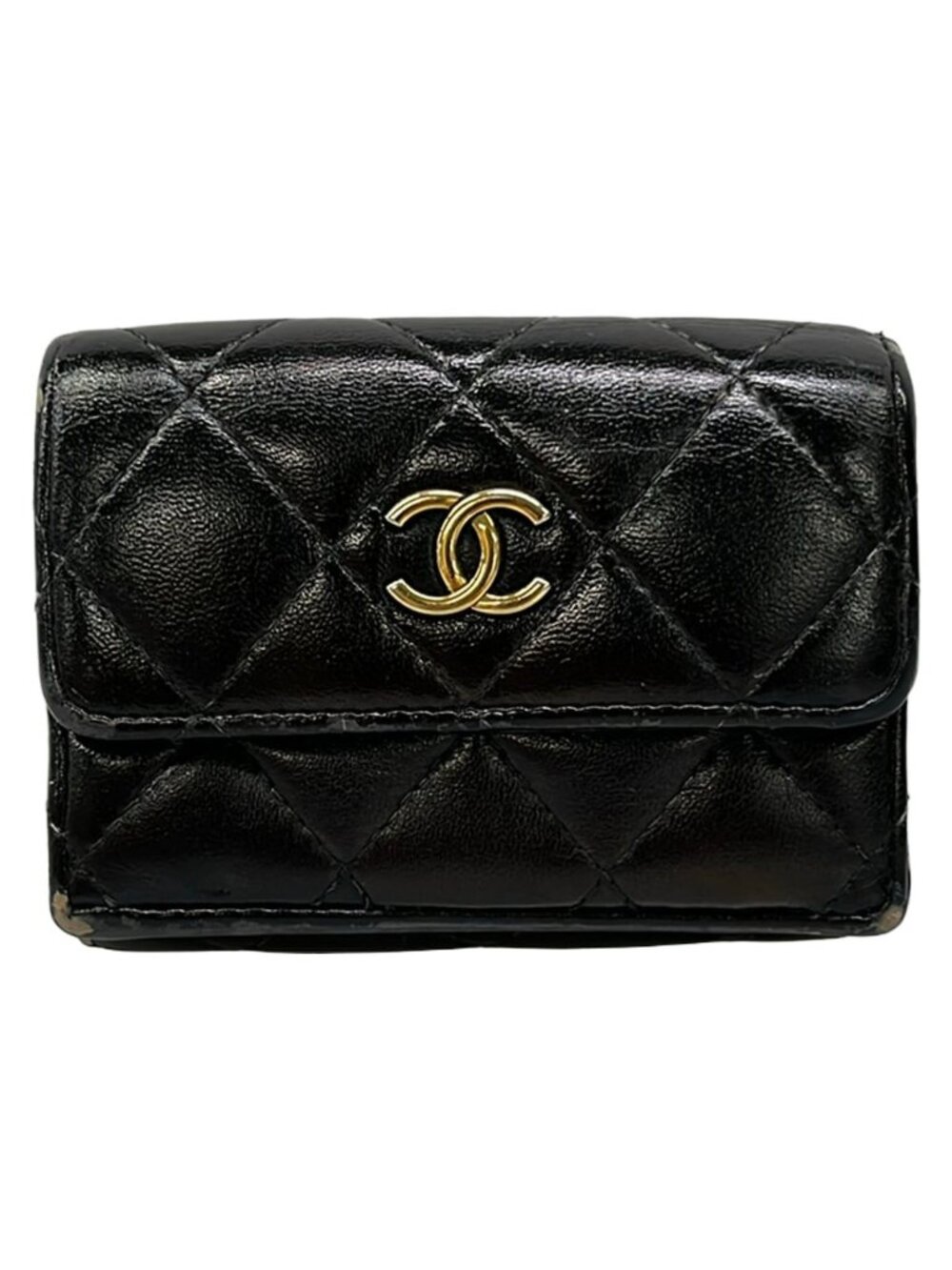 Chanel Trifold Wallet Quilted Black CC Logo Gold Lambskin